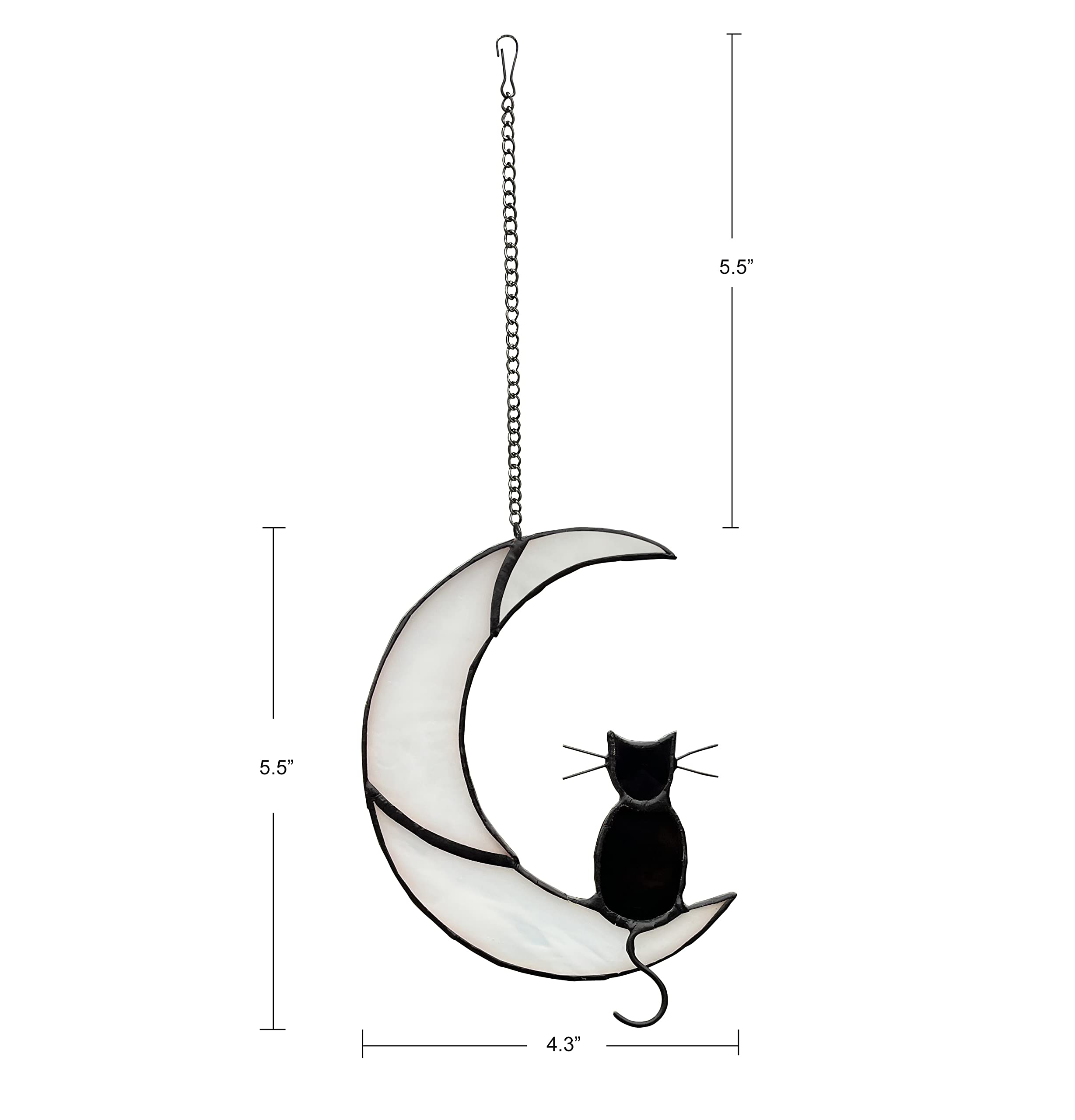 Black Cat on White Moon Stained Glass Suncatcher – Handmade Window Ornament for Halloween & Home Décor