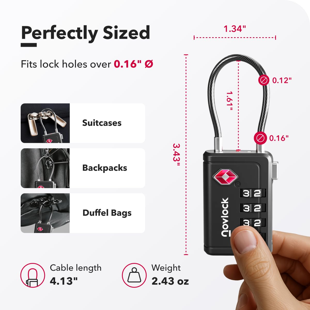 TSA 008 Approved 4-Digit Combination Luggage Lock with Inspection Indicator, Heavy Duty Cable Travel Lock for Suitcases & Backpacks