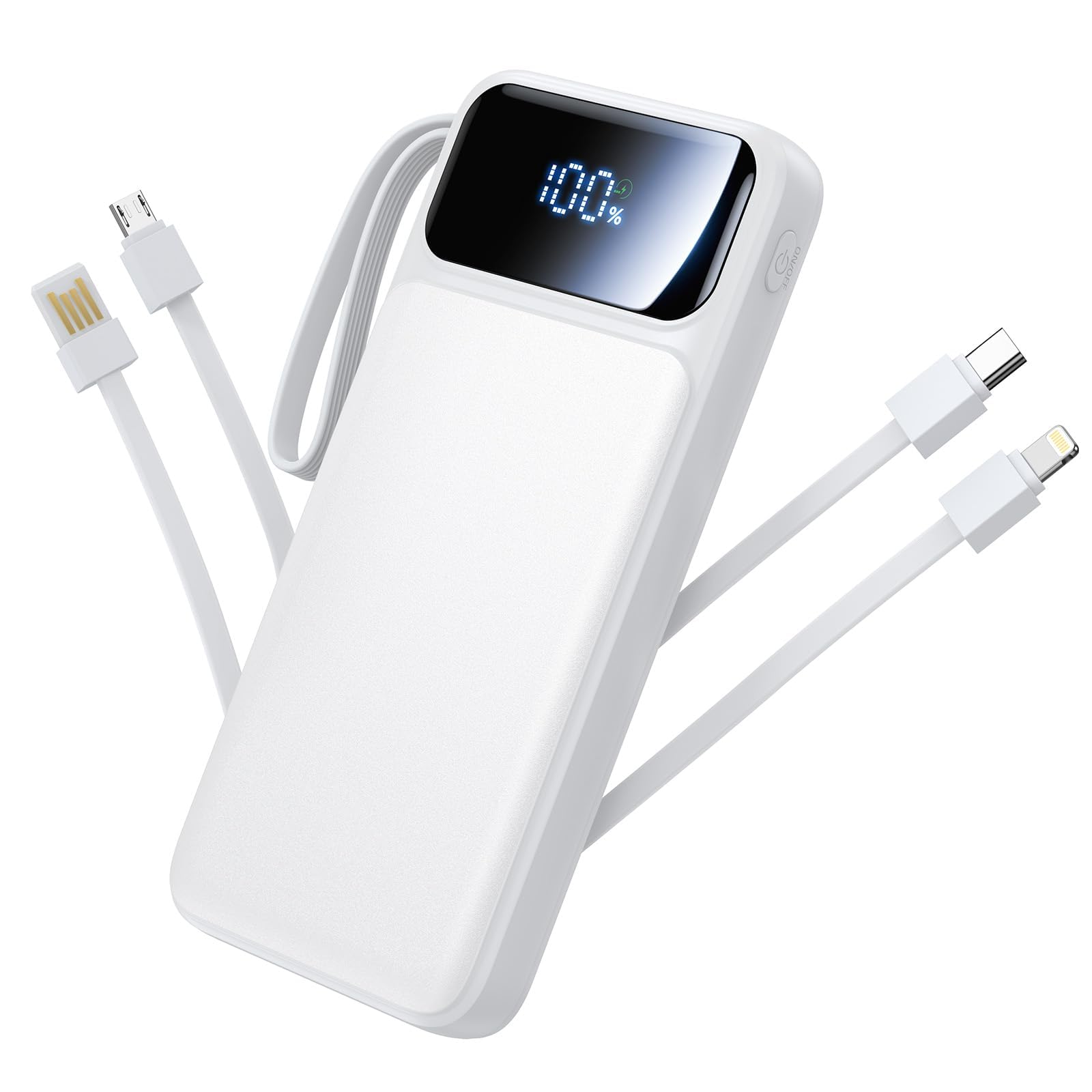 10000mAh Portable Power Bank with Built-in Cables – 22.5W PD Fast Charging, Slim 6-Output Battery Pack with LED Display (White)