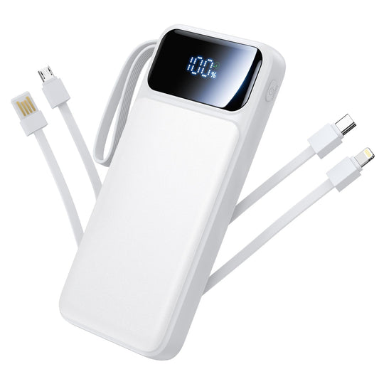 10000mAh Portable Power Bank with Built-in Cables – 22.5W PD Fast Charging, Slim 6-Output Battery Pack with LED Display (White)