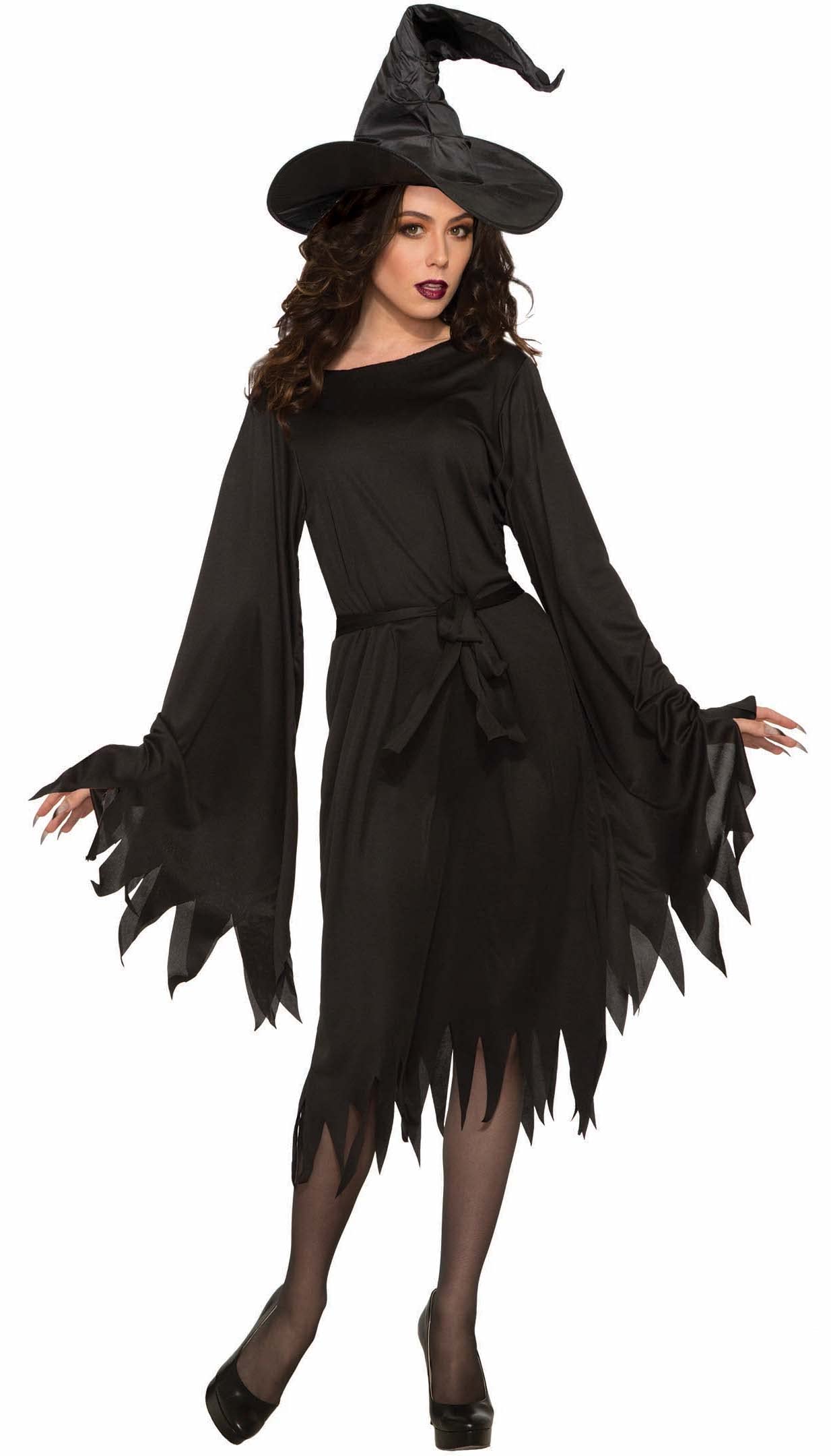Wicked Witch Costume for Women – Classic Black Dress with Bell Sleeves & Waist Sash