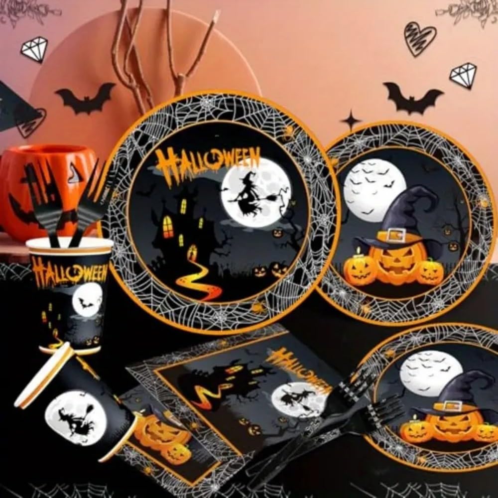 Halloween Party Plates & Napkins Set – 50 Pcs Disposable Black Tableware Kit for Spooky Celebrations