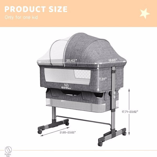 3-in-1 Bedside Crib with Mosquito Net – Baby Bassinet, Co-Sleeper & Travel Bed (Grey)