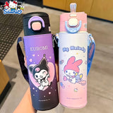 Sanrio Official Stainless Steel Insulated Water Bottle with Straw & Shoulder Strap – Cinnamoroll & Kuromi Travel Sports Edition 🚶‍♀️🥤