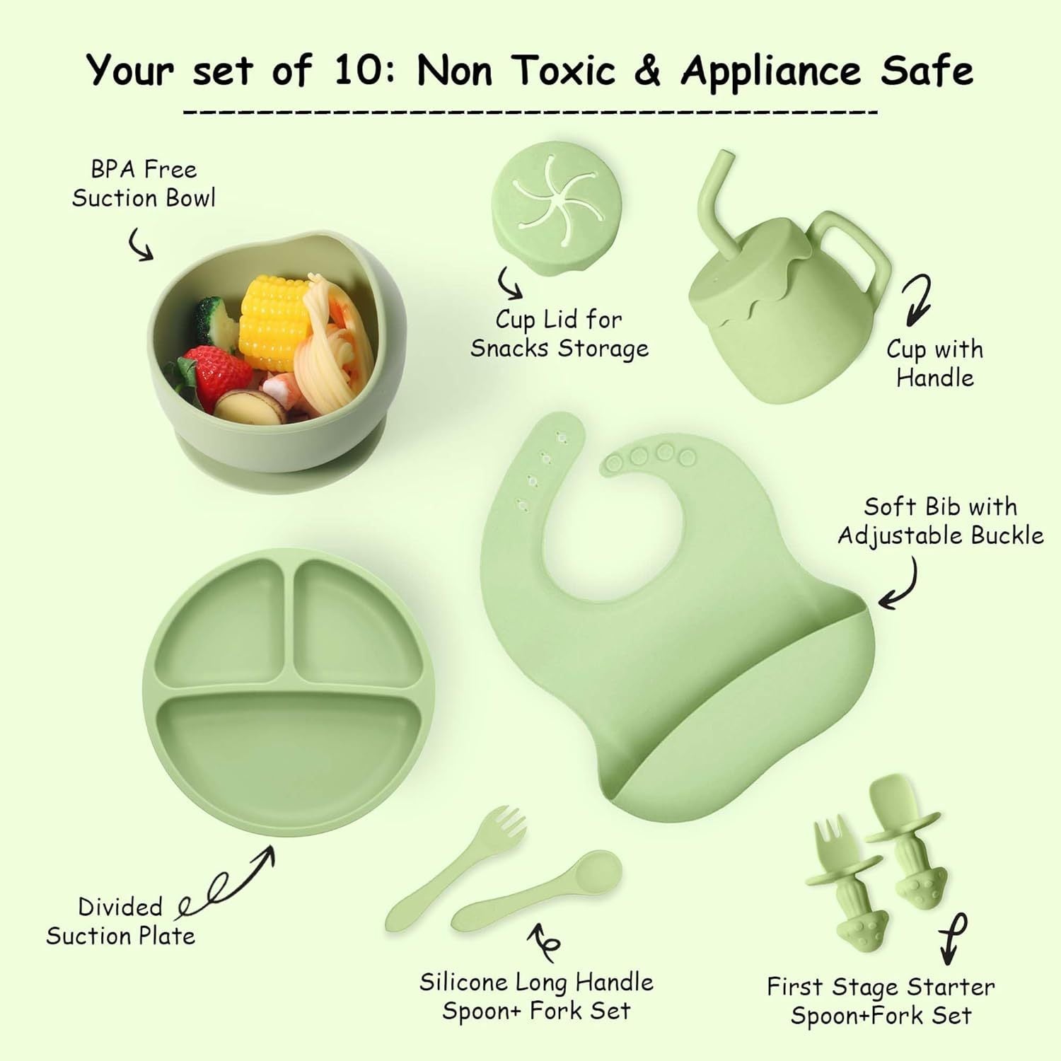 Silicone Baby Feeding Set with Suction – 10 PCS Baby Weaning Supplies (Green)