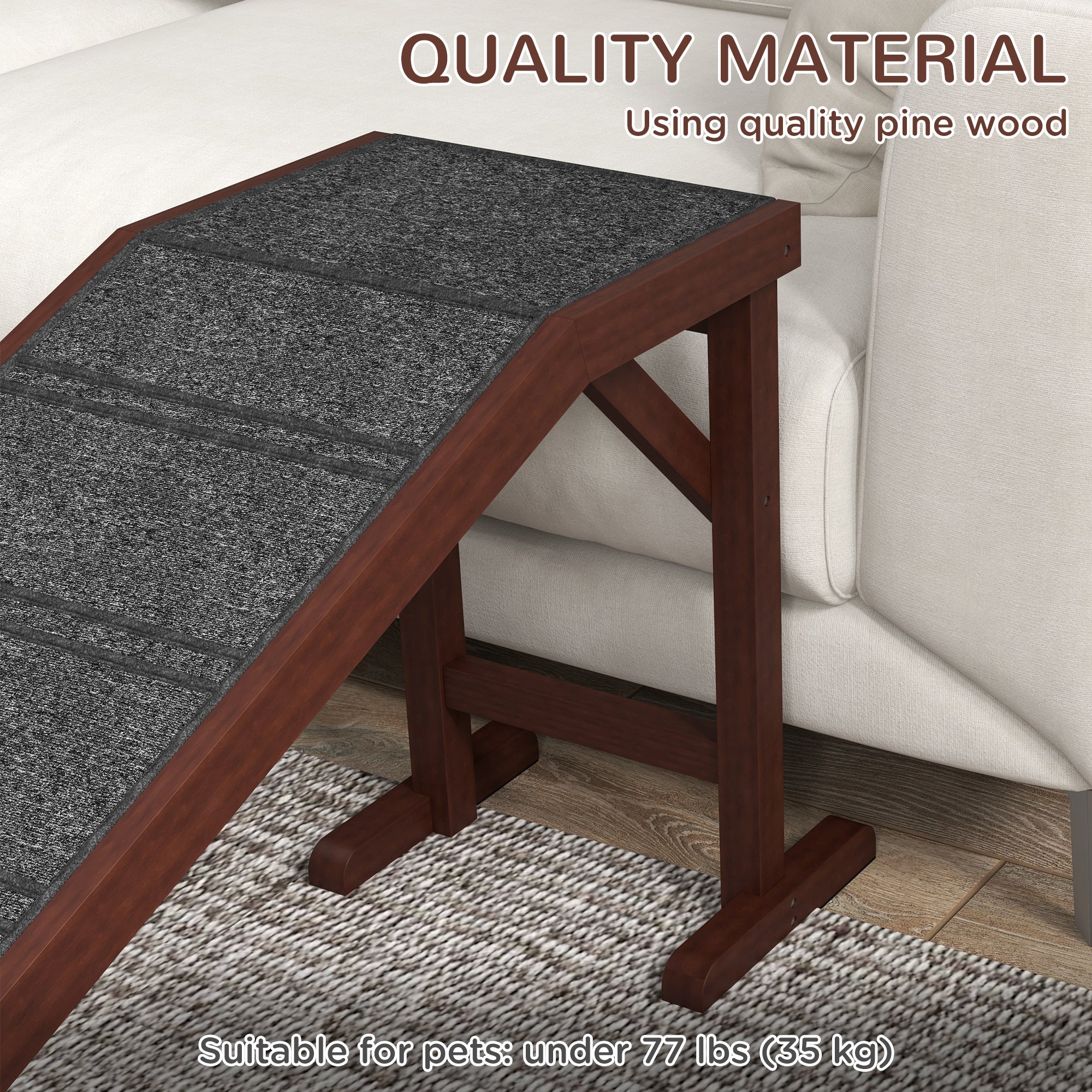 Pet Ramp for Dogs with Non-Slip Carpet & Top Platform – Pine Wood, 74" × 16" × 25"