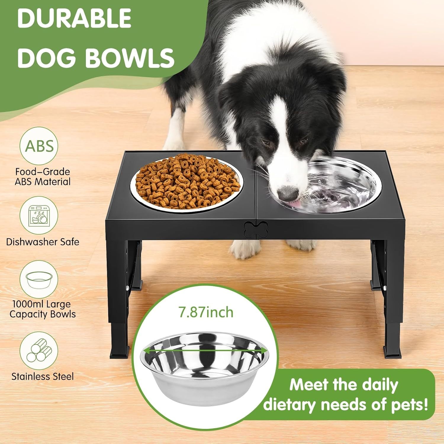 XIA Z Fashion Pet Products – Black Dog Bowl Holder with Double Stainless Steel Feeding Bowls, Non-Slip Elevated Stand