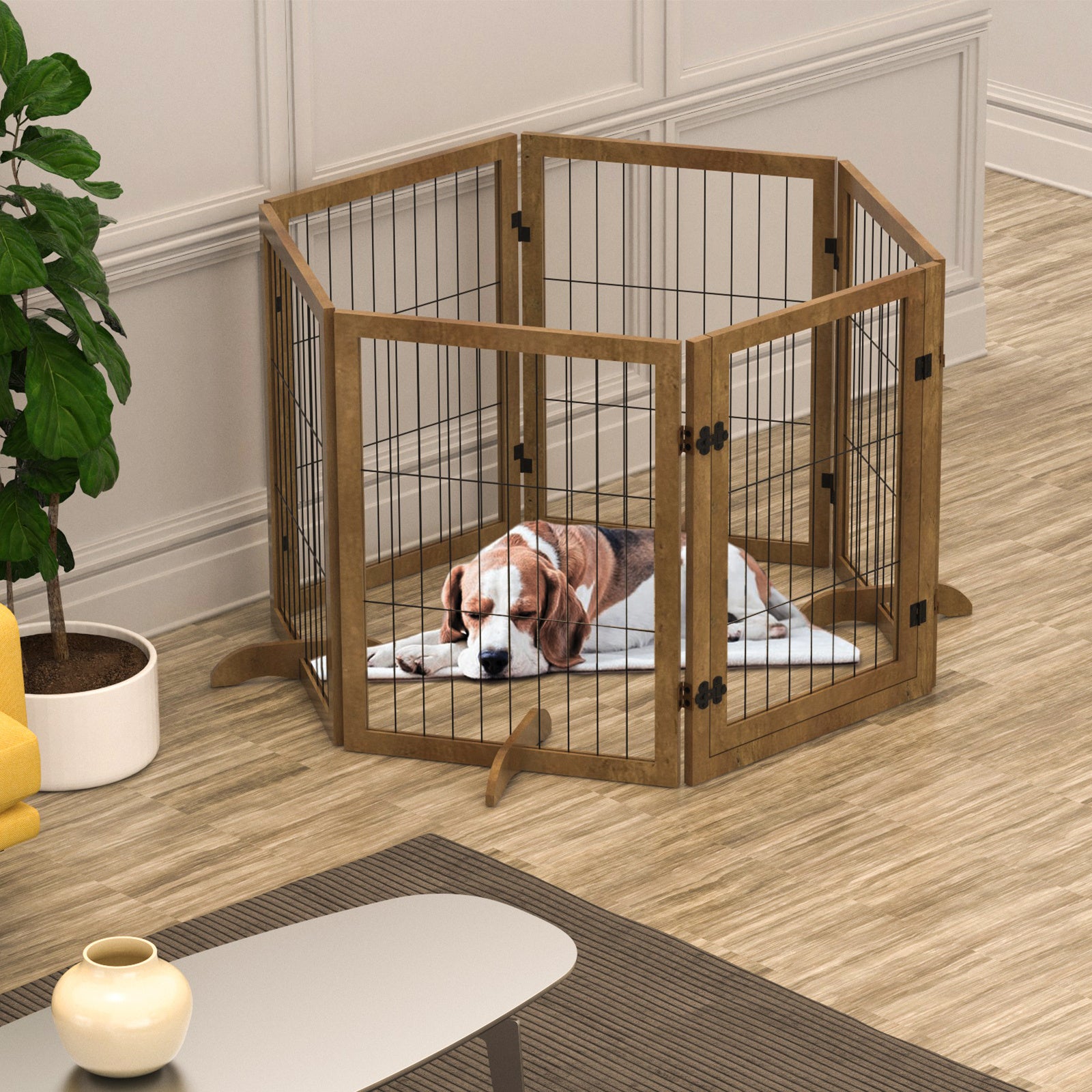 Dog Gate with Door – 6-Panel Pet Fence Barrier, 144" Wide × 32" Tall, Foldable & Configurable into Multiple Shapes