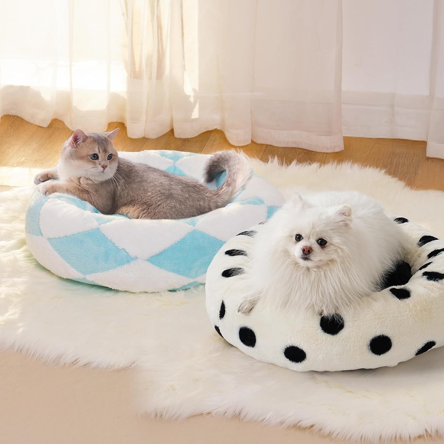 Mewoofun Donut Cat Bed – 23" Round Washable Plush Calming Pet Bed with Jacquard Shaggy Fabric & Non-Slip Bottom