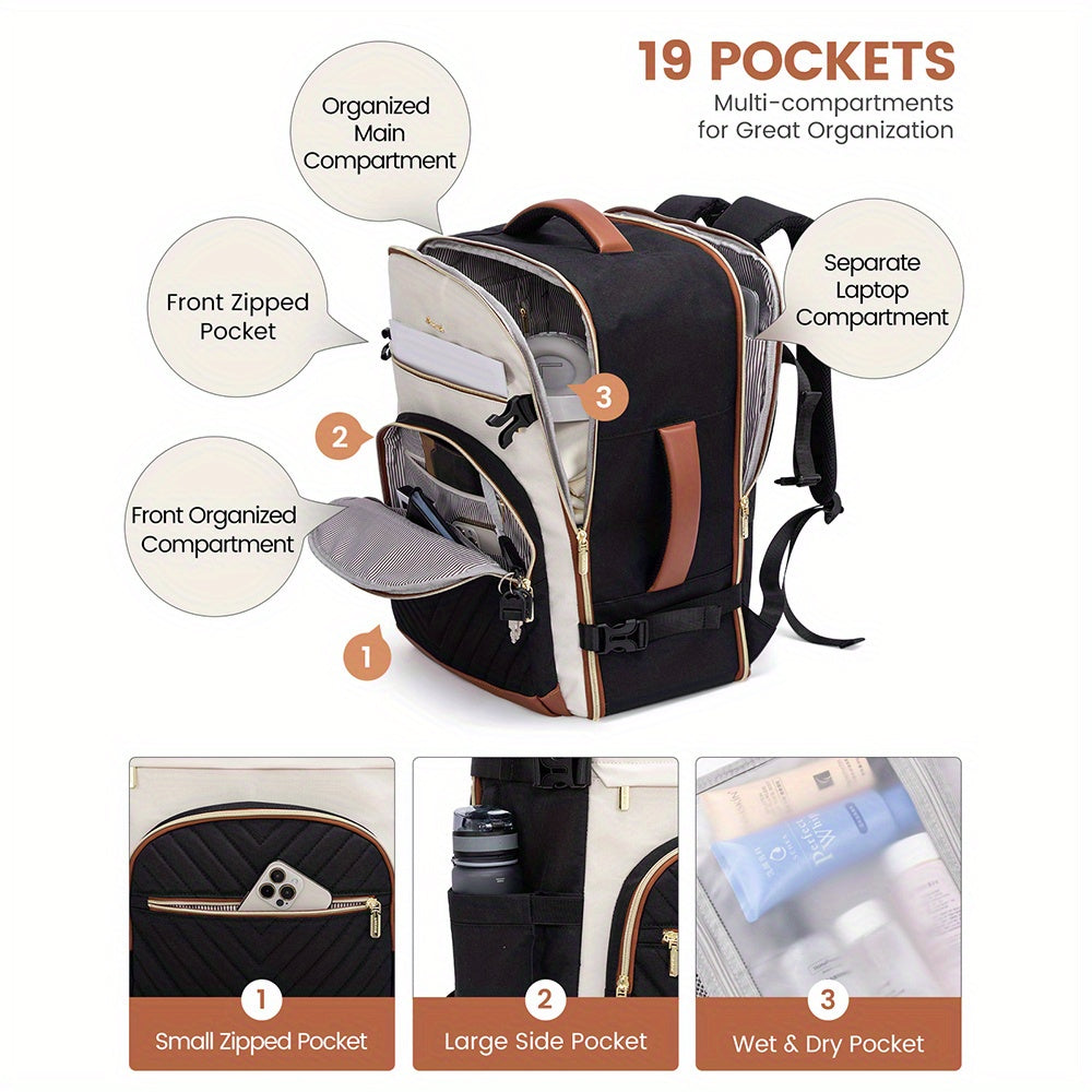 Lovevook Women’s Quilted Travel Backpack – 10.57 gal Capacity, Multi-Compartment Carry-On with 17.3″ Laptop Sleeve (Black/White/Brown)