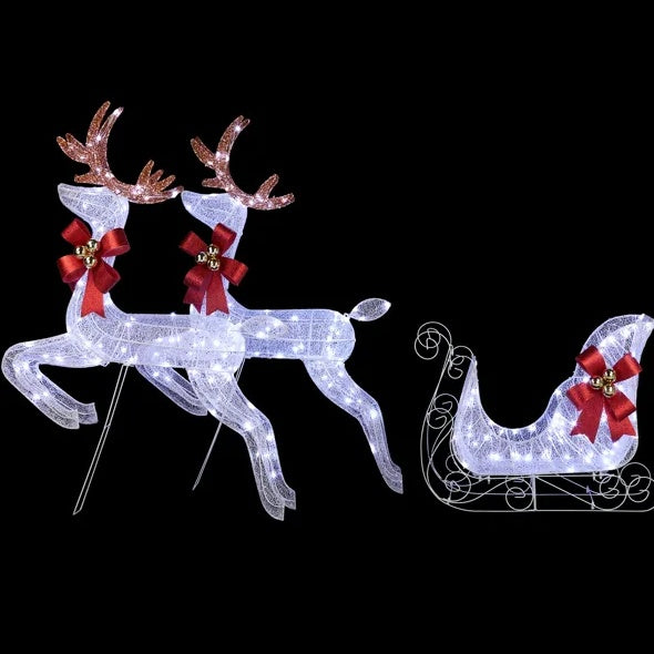 3-Piece Lighted Set – 2 Reindeer & Sleigh with 270 Pre-lit White LEDs, Weather-Proof Outdoor Christmas Decoration with Stakes