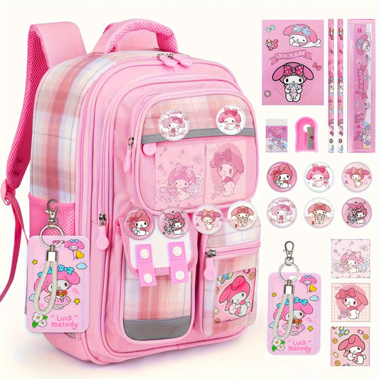 Sanrio Pink Grid My Melody Backpack Set – Backpack + Badge, 6 Cards & Stationery Set with White Rope