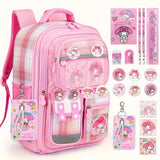 Sanrio Pink Grid My Melody Backpack Set – Backpack + Badge, 6 Cards & Stationery Set with White Rope