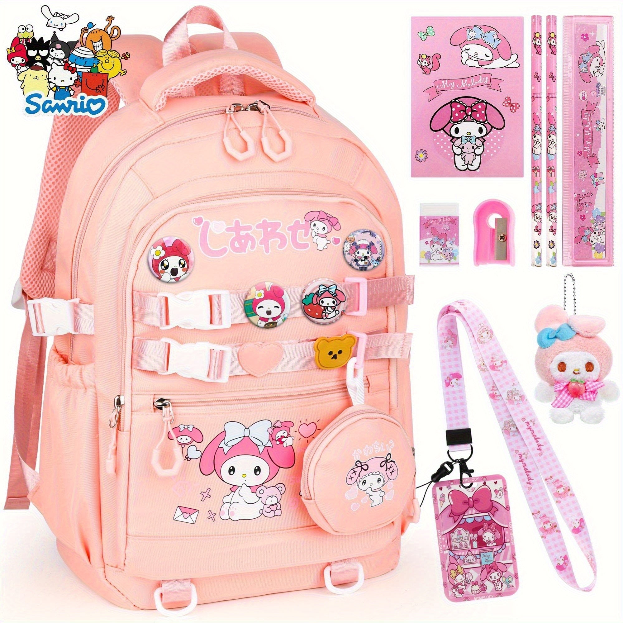 Sanrio Cinnamoroll & My Melody Large-Capacity Backpack Set – Includes Coat Purse, Stationery Set, Lanyard & 4 Badge Pins