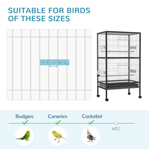 PawHut 54'' Extra Large Portable Rolling Iron Aviary – Flight Bird Cage with Accessories for Parrots, Cockatiels & Finches