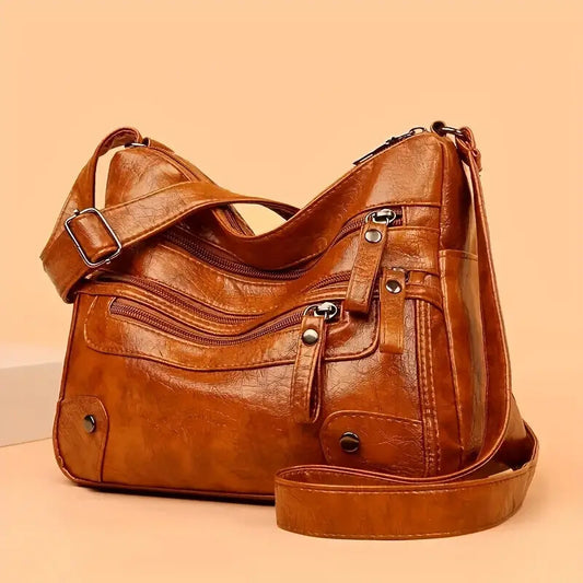 Women’s Large Capacity Shoulder Bag – Washed Leather Messenger with Multi Zipper Design