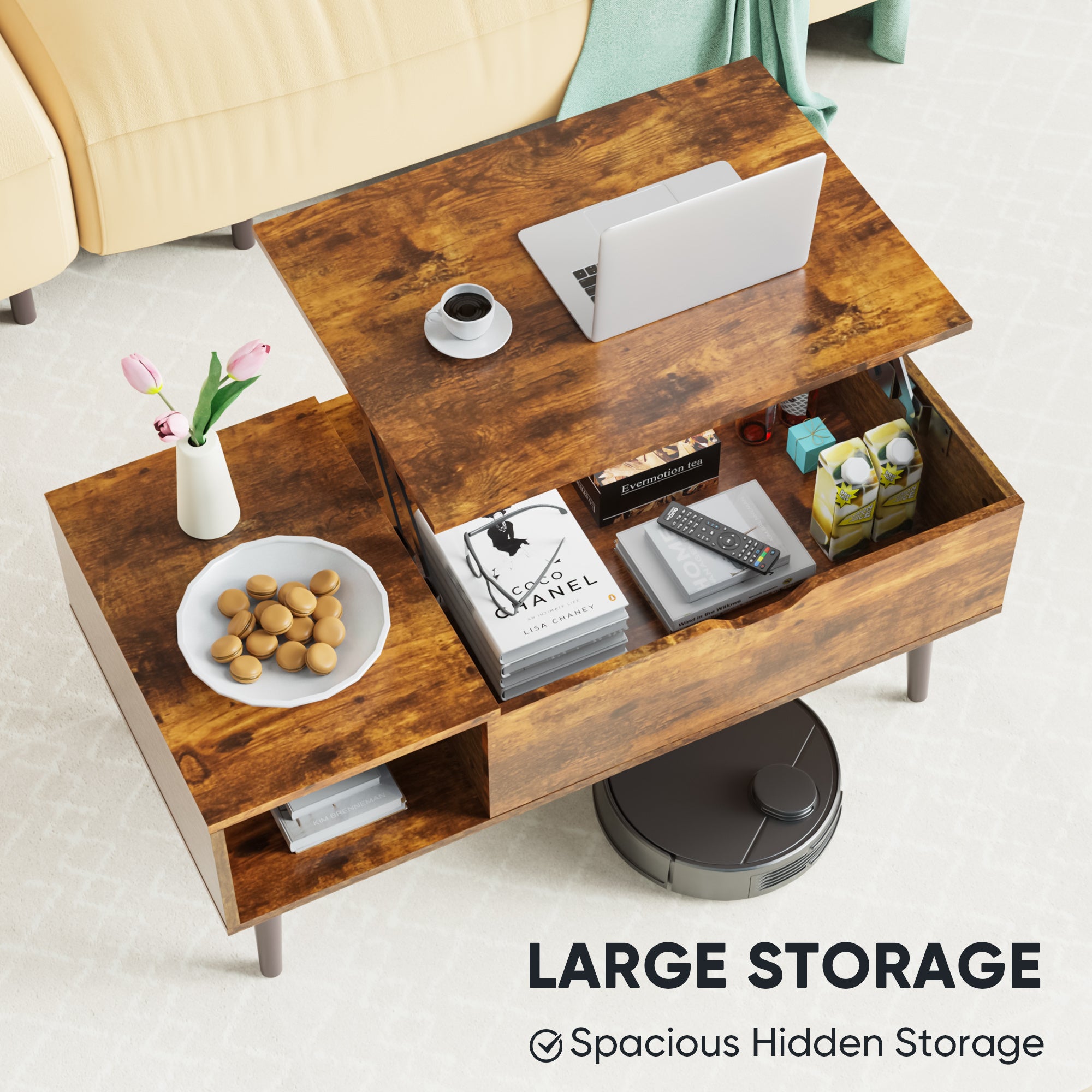 Industrial Lift Top Coffee Table with Hidden Storage - Rustic Living Room Center Table