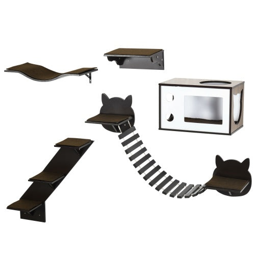 PawHut Cat Shelves – Wall-Mounted Cat Tree with Curved Platform, Cozy House, Bridge, Easy Stairs & Flat Perch, Coffee Brown