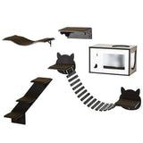 PawHut Cat Shelves – Wall-Mounted Cat Tree with Curved Platform, Cozy House, Bridge, Easy Stairs & Flat Perch, Coffee Brown