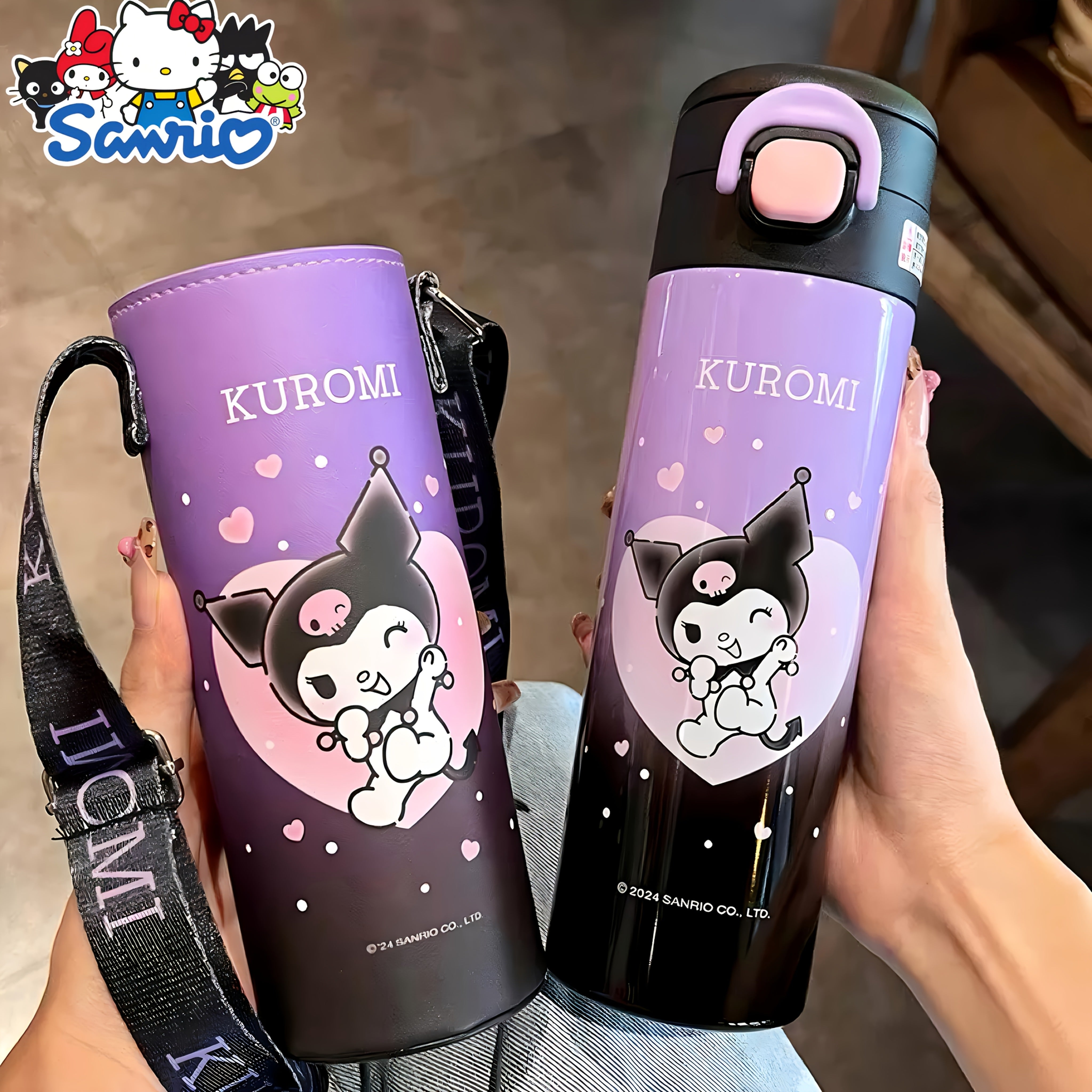 Sanrio Official Stainless Steel Insulated Water Bottle with Straw & Shoulder Strap – Cinnamoroll & Kuromi Travel Sports Edition 🚶‍♀️🥤