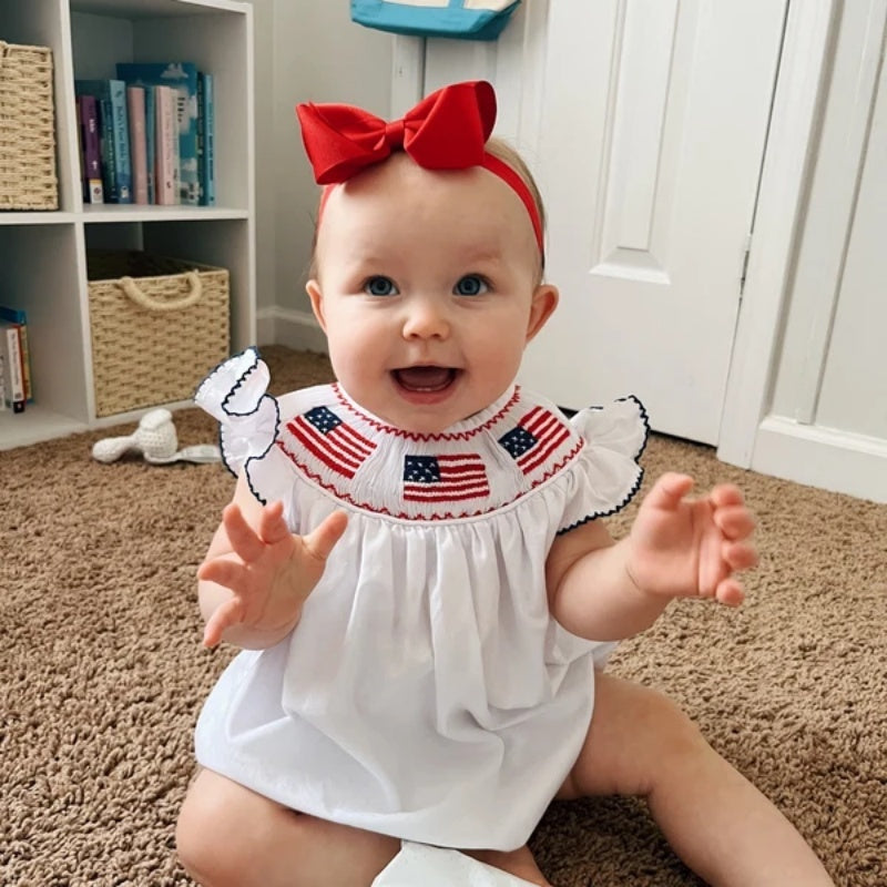 Baby Girl 4th of July Bubble Romper – Smocked Fly Sleeve Bodysuit 🇺🇸