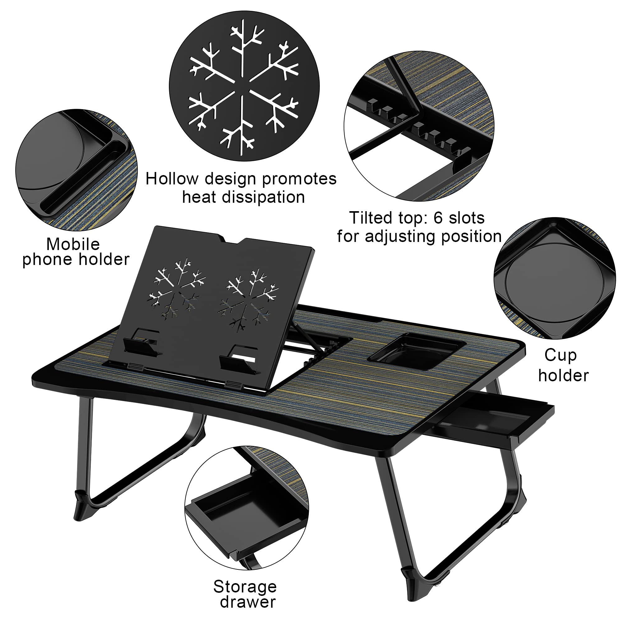 Foldable Laptop Desk for Bed or Couch – Work-from-Bed Table with Cup Holder, Drawer & Adjustable Legs
