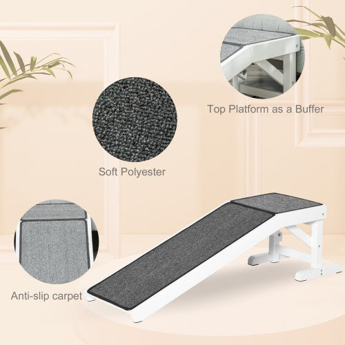 Dog Bed Ramp with Non-Slip Carpet & Top Platform – Wooden Pet Ramp for Small & Senior Dogs (