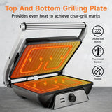 3-in-1 Electric Indoor Grill & Panini Press - 1400W Dual-Sided Non-Stick Grill with 180° Floating Hinge, Adjustable Temp (365°F-410°F), 60-Min Timer, Overheat/Quick Cook Modes & Grease Tray - Compact Black Kitchen Applianc - PulinGO