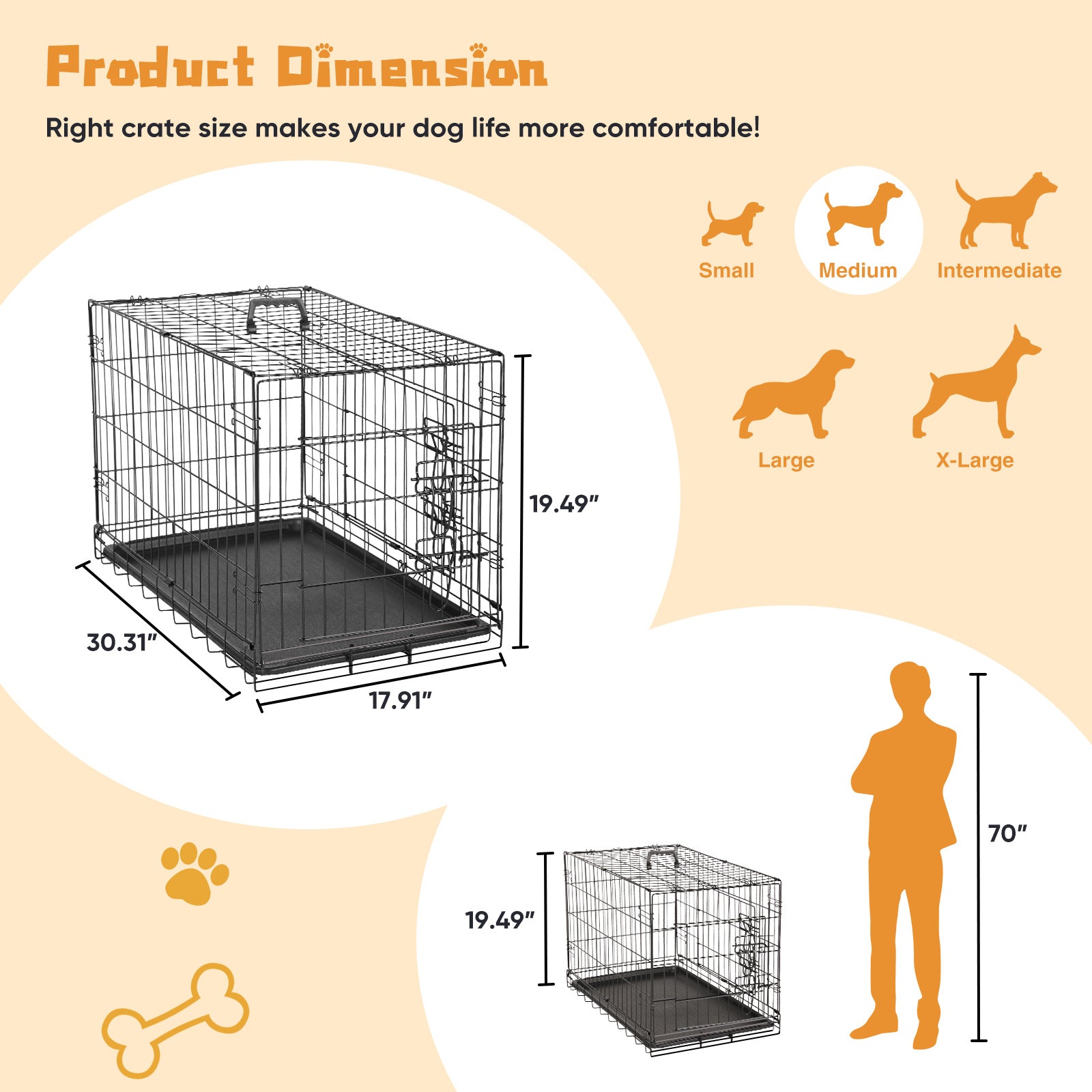 Single Door Dog Cage – 24–30 Inch Foldable Metal Crate with Secure Lock & Removable Tray for Easy Cleaning
