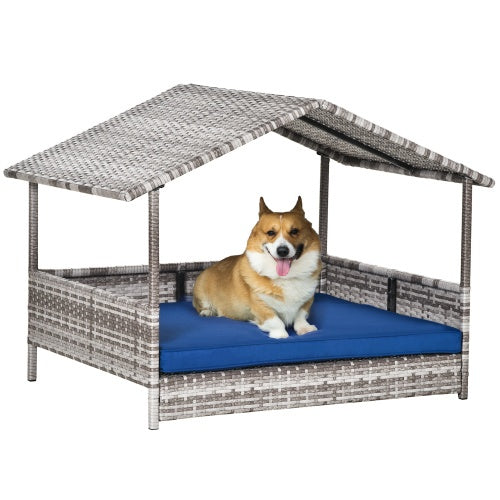 Rattan Dog House – Outdoor Canopy Bed with Waterproof Mat, Stylish Rattan Frame for Small & Medium Dogs