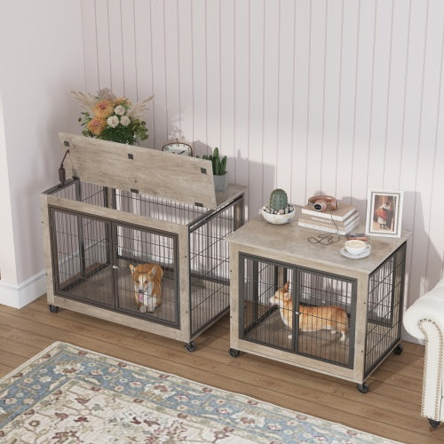 Furniture-Style Dog Cage – Grey Wooden Side Table with Wheels, Double Doors & Raised Top for Small & Medium Dogs