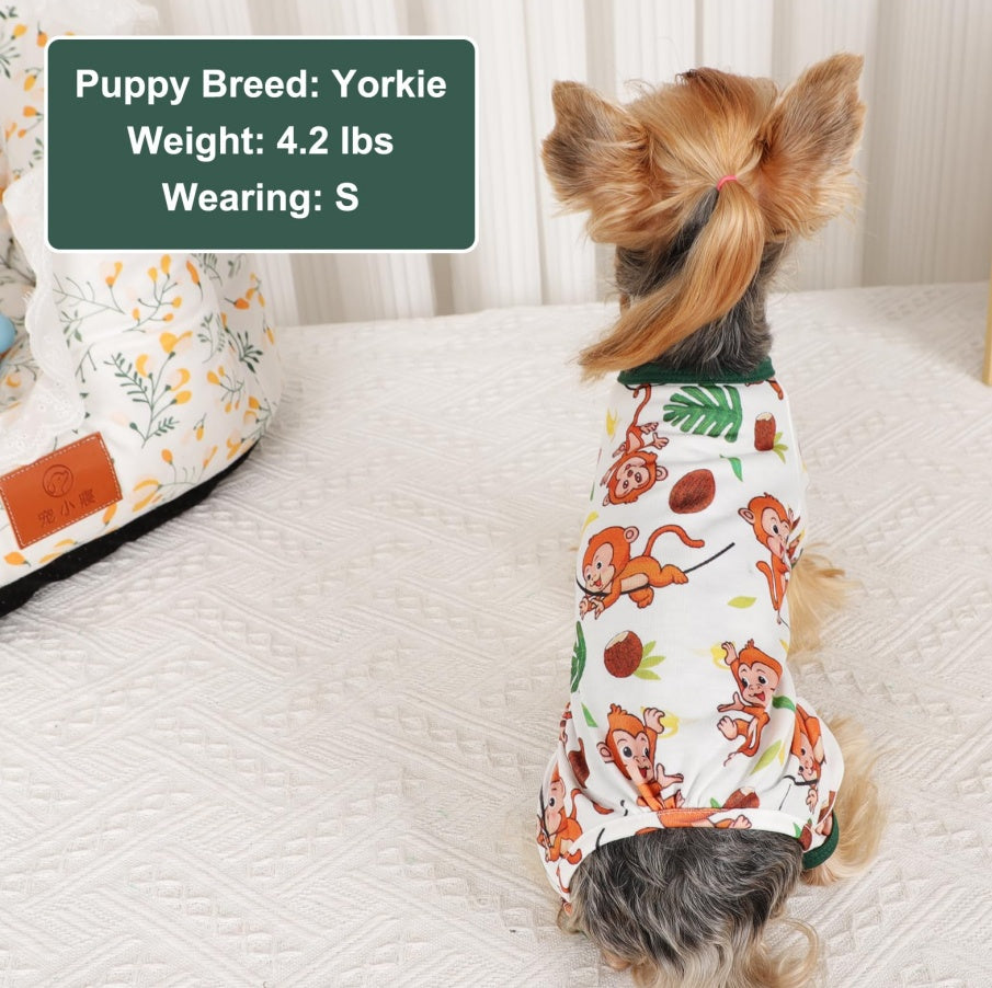 Dog Pajamas PJs – Soft Stretchy Clothes for Small Dogs & Cats, Brown Monkey Print Onesies for Puppies, Chihuahuas & Yorkies