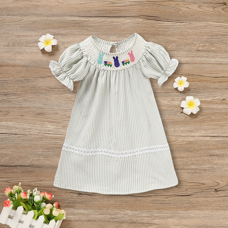 Infant Baby Girls Easter Bunny Smocked Dress – Embroidered Short Sleeve Summer Outfit