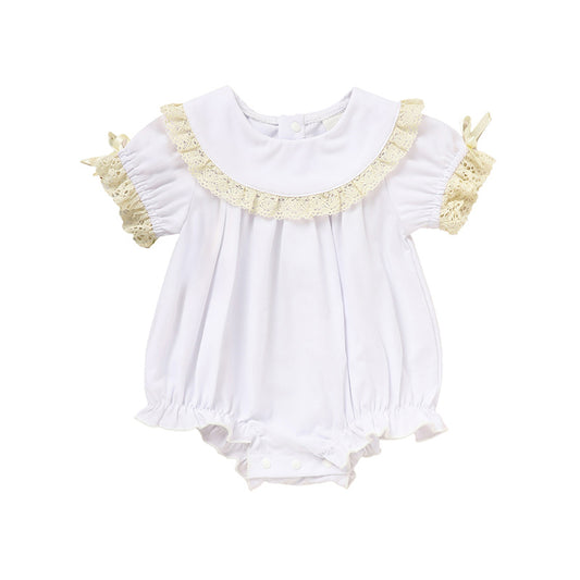 Baby Girl White Lace Romper 👶✨ Short-Sleeve Bubble Jumpsuit for Summer & Weddings 💒☀️