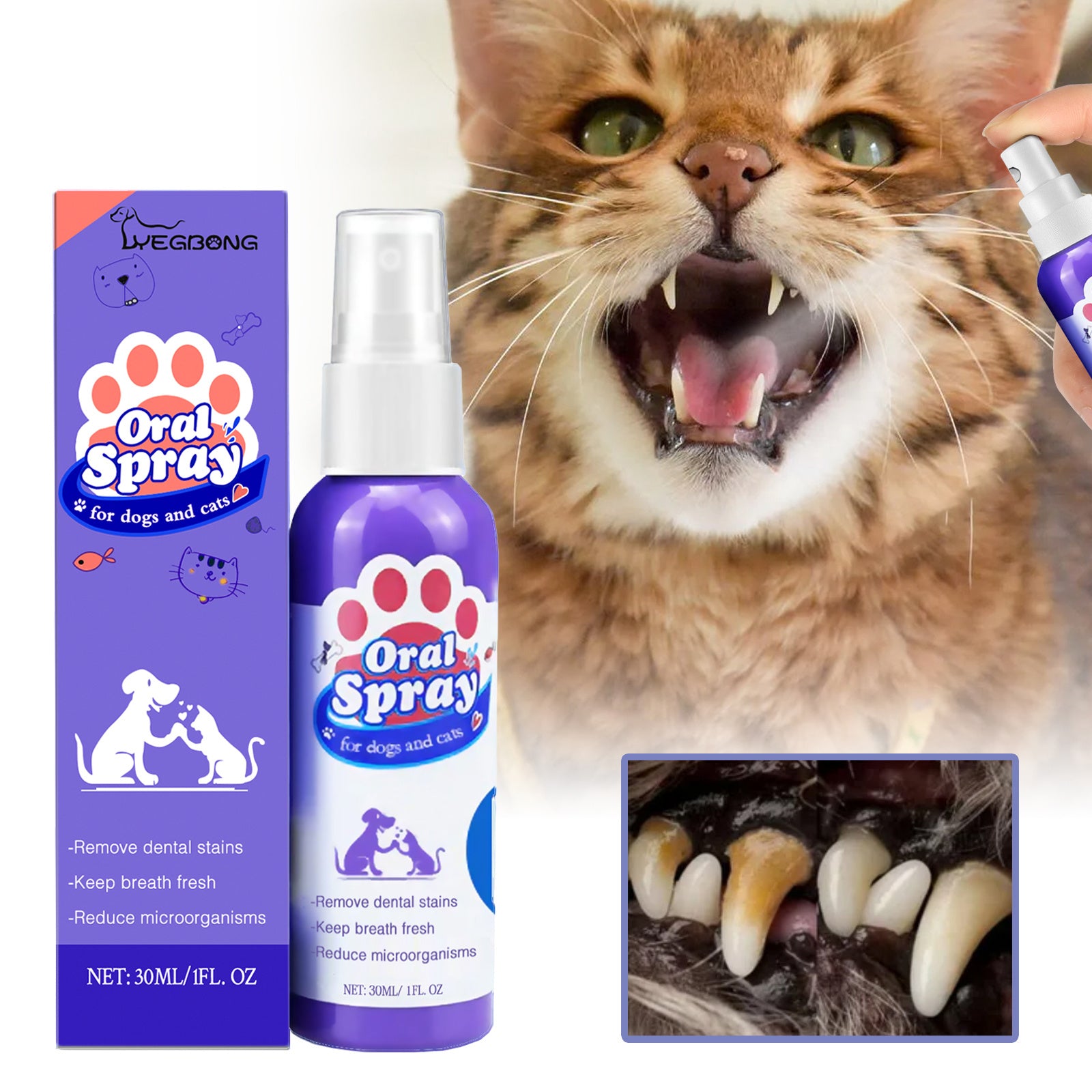 Cat & Dog Teeth Cleaning Spray – Oral Care Spray for Pets, Removes Tooth Stains, Freshens Breath & Supports Dental Health