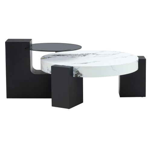 Modern Double-Layer Round Coffee Table ☕ Transparent Gray Glass Top with Black MDF Legs – Space-Saving Design