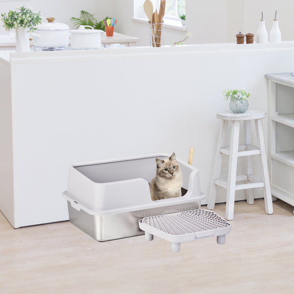 Extra-Large Stainless Steel & Plastic Litter Box with Snap-On Enclosure, Spatula & Foot Pad – Grey (61 × 40 × 33 cm)