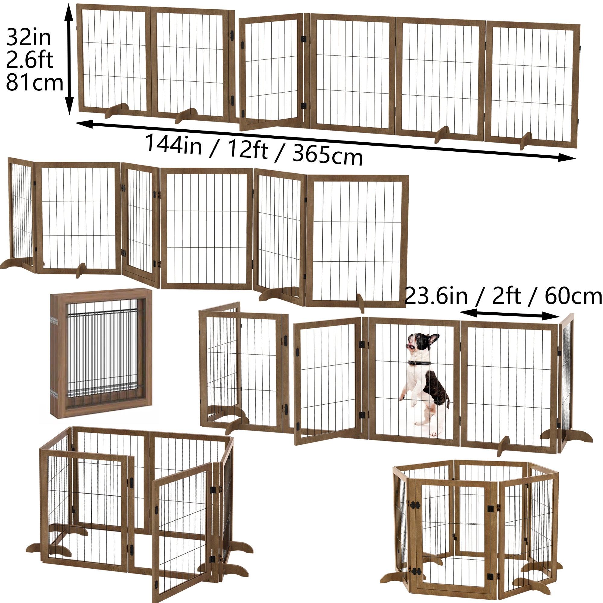 Dog Gate with Door – 6-Panel Pet Fence Barrier, 144" Wide × 32" Tall, Foldable & Configurable into Multiple Shapes
