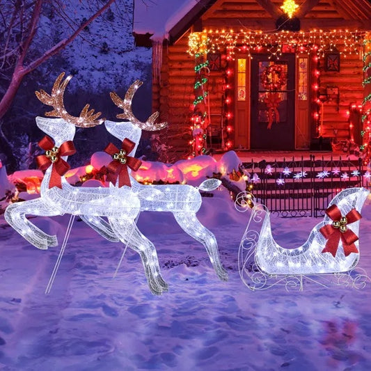 3-Piece Lighted Set – 2 Reindeer & Sleigh with 270 Pre-lit White LEDs, Weather-Proof Outdoor Christmas Decoration with Stakes