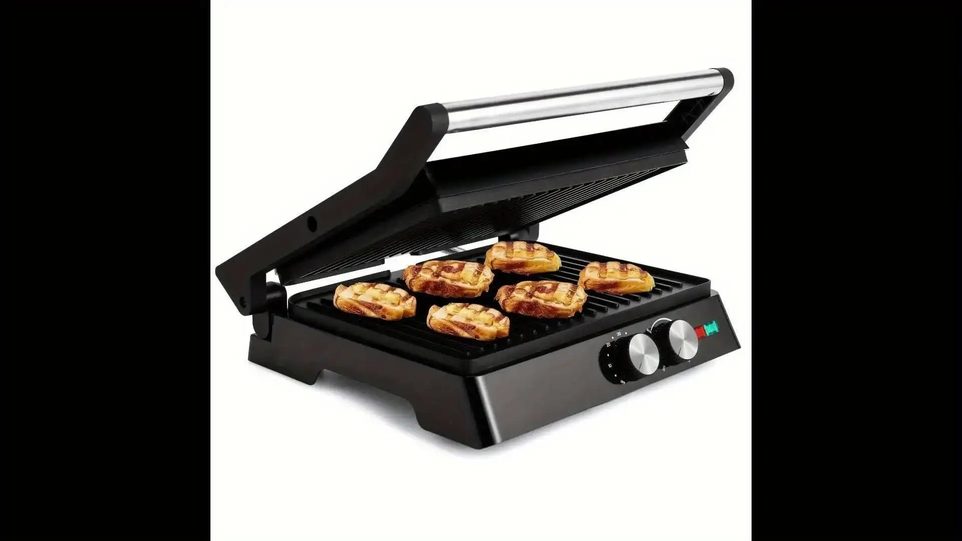 3-in-1 Electric Indoor Grill & Panini Press - 1400W Dual-Sided Non-Stick Grill with 180° Floating Hinge, Adjustable Temp (365°F-410°F), 60-Min Timer, Overheat/Quick Cook Modes & Grease Tray - Compact Black Kitchen Applianc - PulinGO