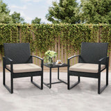 Rattan 3pcs Bistro Set, Outdoor Patio Furniture Conversation Set With 2 Chairs And 1 Safety Glass Top Table, Overstuffed Cushions, Wicker Porch Set, Ideal For Backyard - PulinGO