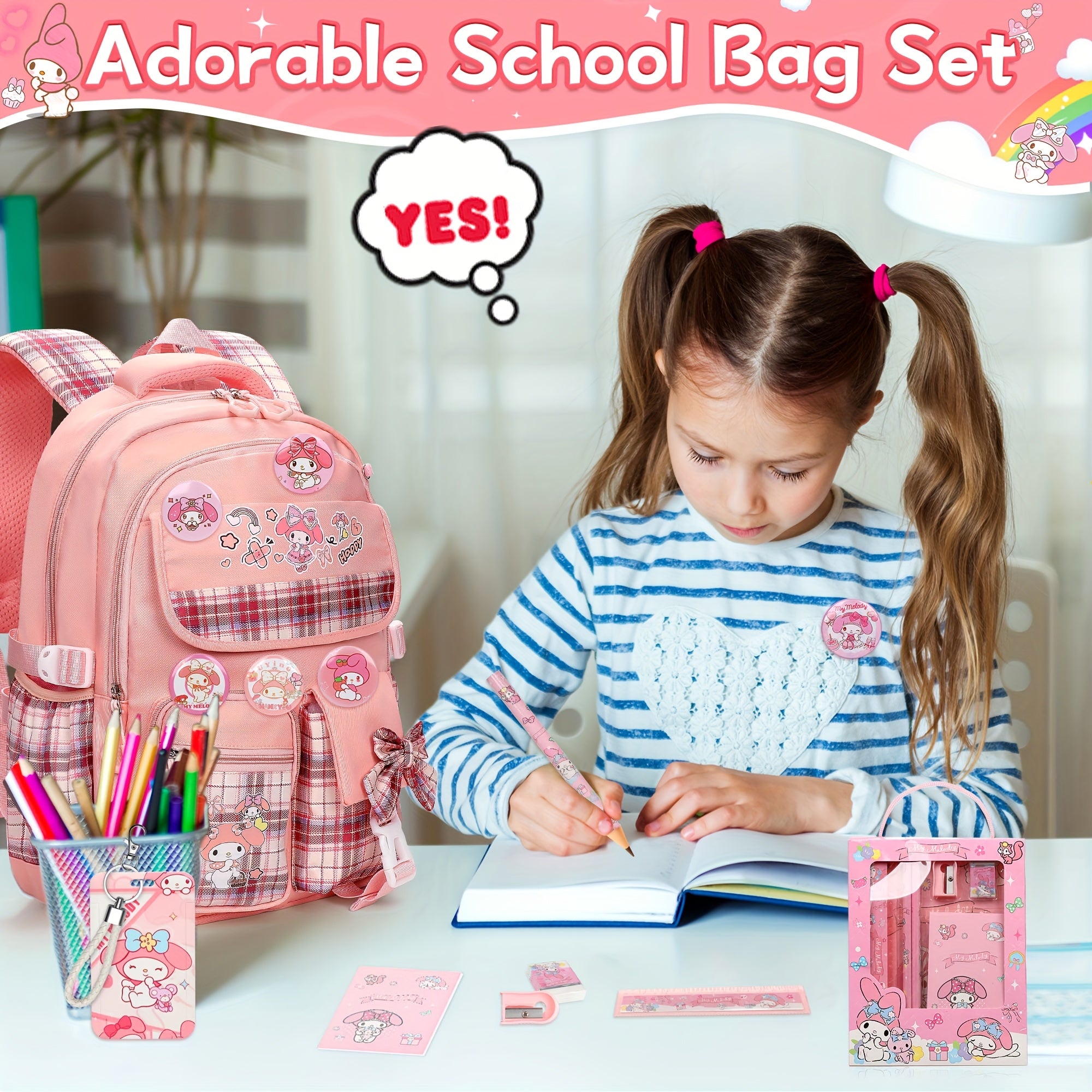 My Melody Cartoon Shoulder Bag & Student School Bag Set – Includes Card Holder, 6 Badges & Stationery, Ultra-Light Travel Gear
