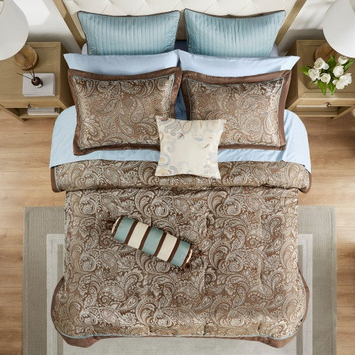 12-Piece Comforter Set with Cotton Bed Sheets – Full Size, Includes Comforter, Bed Skirt, Euro & Standard Shams, Cotton Sheets & Decorative Pillows, Blue & Brown Paisley Pattern