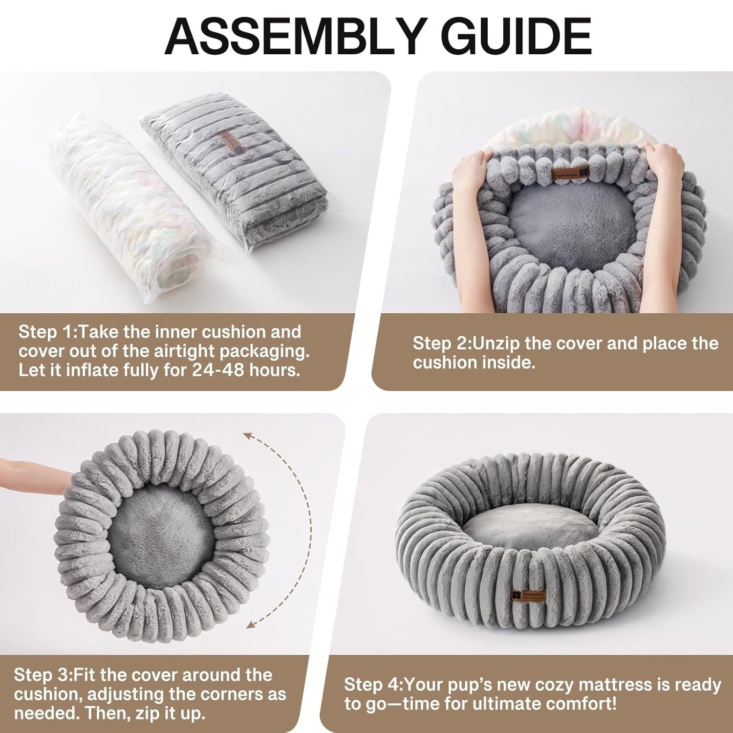 Mewoofun Donut Cat Bed – Grey 23" Washable Round Fluffy Calming Pet Bed with Non-Slip Bottom for Cats, Kittens & Puppies