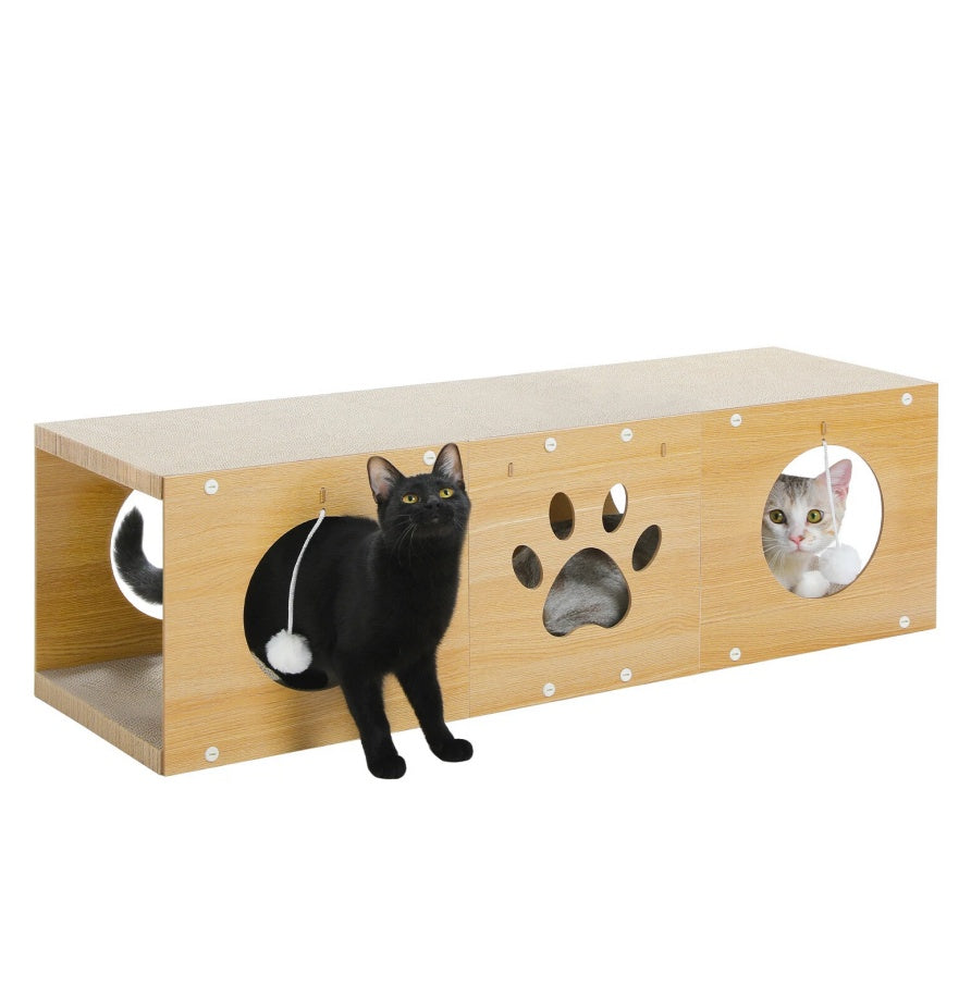 Multi-Hole Fun Cat Tunnel with Scratching Board & Pom-Poms – Interactive Tunnel House for Multi-Cat Families