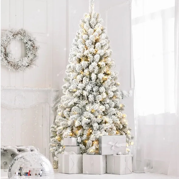 5 Ft Pre-Lit Flocked Artificial Christmas Tree – Fire-Resistant PVC, Hinged Design, Realistic Flocked Tips, Easy Assembly