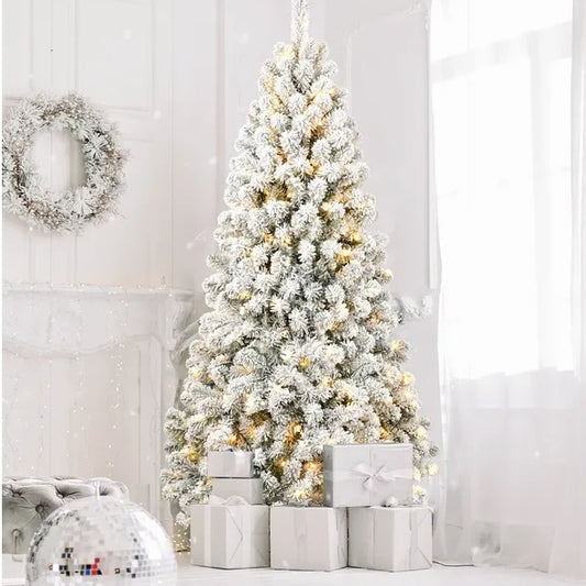 5 Ft Pre-Lit Flocked Artificial Christmas Tree – Fire-Resistant PVC, Hinged Design, Realistic Flocked Tips, Easy Assembly