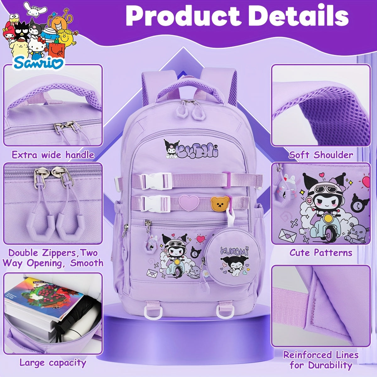 Kuromi Large-Capacity Backpack Set – Kids & Teens Bookbag + Coin Purse + Plush Charm + Stationery Set + Badge Bundle
