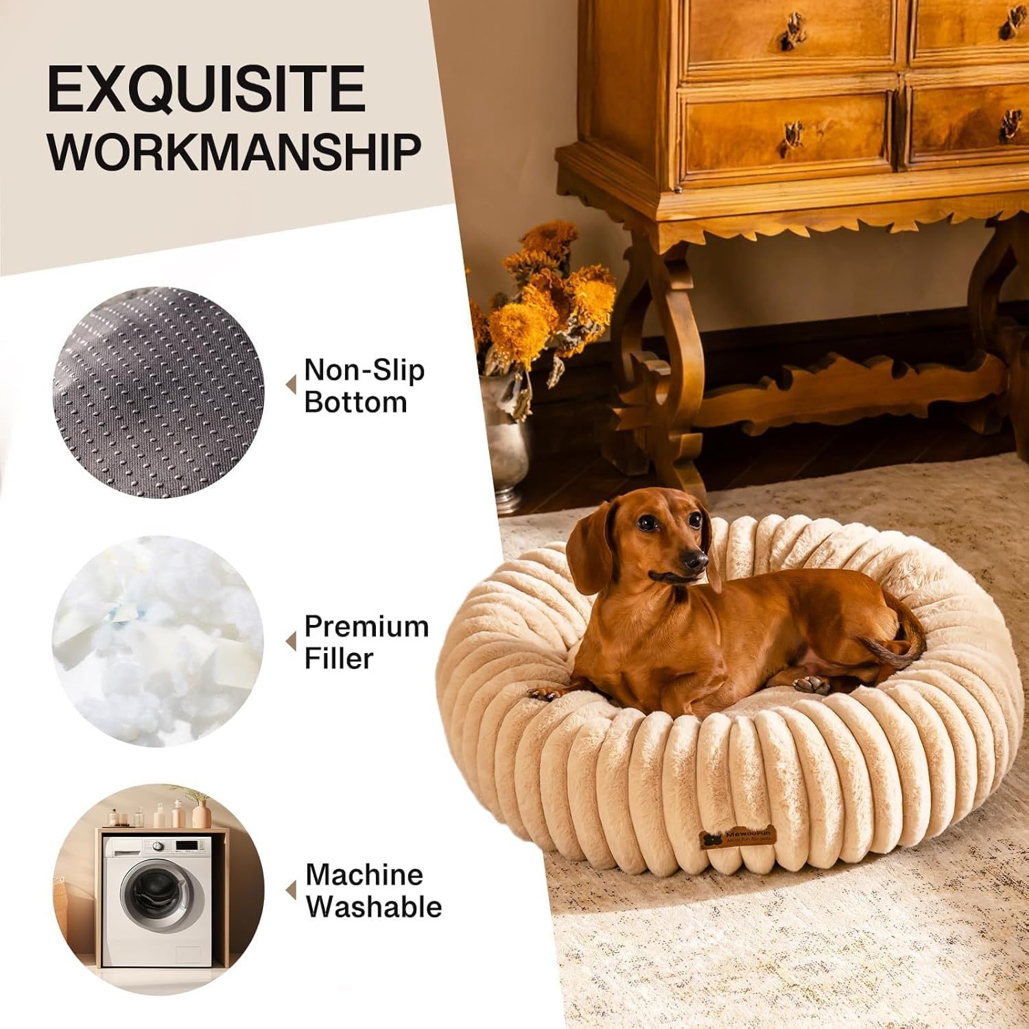 Mewoofun Donut Cat Bed – Light Brown Washable Fluffy Round Calming Pet Bed with Non-Slip Bottom for Cats & Small Dogs