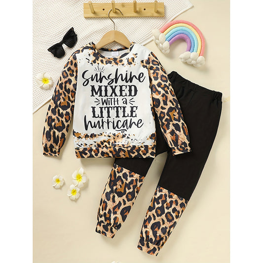 Toddler Girls Fall/Winter Outfit – Leopard Letter Print Sweatshirt & Sweatpant 2-Piece Set